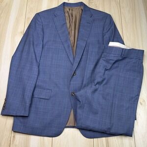 Hickey Freeman Double Windowpane Glen Plaid Suit Super 130s Mens 42R 36x28 Blue